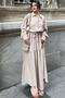 Women's Beige Textured Fabric, Belted Waist, Bubble Sleeve, A-Line, Vintage Maxi Dress - Suitable for Hijab - 2