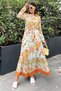 Women's Orange Print Shirt Collar, Long Sleeve, Skirt Pleated, Waist Belted, Loose Fit, Long Dress