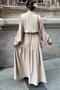 Women's Beige Textured Fabric, Belted Waist, Bubble Sleeve, A-Line, Vintage Maxi Dress - Suitable for Hijab - 8