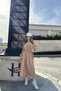 Women's Camel Double Breasted Collar, Slit, Belted Waist, Elastic Arm Ankles, Loose, Long Dress - 4