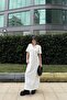 Women's White Polo Collar, Short Sleeve, Slit, Basic Model, Long Loose Dress - 3