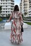 Women's Red & Beige Long Balloon Sleeve, Round Neck, Belted Waist, A-Line, Maxi Dress - 2