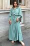 Women's Mint Textured Fabric, Belted Waist, Bubble Sleeve, A-Line, Vintage Maxi Dress - Suitable for Hijab - 2