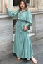 Women's Mint Textured Fabric, Belted Waist, Bubble Sleeve, A-Line, Vintage Maxi Dress - Suitable for Hijab - 4