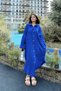 Women's Cobalt Blue Muslin Fabric, Bat Sleeve, Oval Skirt, Double Pocket, Long Oversize Loose Shirt Dress - 4