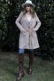 Women's Brick & Ecru Striped, Straw Rope Belt, Two Pockets, Long Linen Jacket - 2