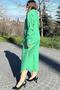 Women's Green Long Sleeve, Oval Cut Skirt, Long and Loose, Poplin Shirt Dress - 7