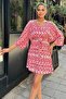 Women's Red Ethnic Patterned Viscose, Bat Sleeve, Double Breasted Mini Kimono - Flared Short Dress