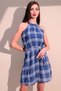 Women's Blue Stylish Plaid Pattern Halter Neck Sleeveless Summer Midi Dress with Self Belt - 3