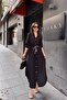 Black Folded Long Sleeve, Linen/Airobin Fabric, Drawstring Waist, Straw Belt Long Shirt Dress - 3
