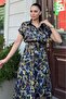 Women's Black Patterned, Half Sleeve and Half Patch Shirt Collar, Elastic Waist, Loose Long Satin Dress - 4