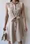 Women's Jewel Sleeveless, Shirt Collar, Solid Color Pattern, Double Pocket, A-line Cut, Aerobin, Belted Midi Dress - 5