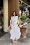 White Folded Long Sleeve, Linen/Airobin Fabric, Drawstring Waist, Straw Belt Long Shirt Dress - 3
