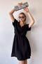 Women's Black Short Sleeve, Heart Collar, Textured Pattern, Waist Fitting, Aerobin Elastic Waist Midi Dress