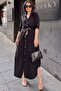 Black Folded Long Sleeve, Linen/Airobin Fabric, Drawstring Waist, Straw Belt Long Shirt Dress