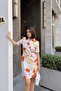 Orange & White Short Sleeve, Patterned Poplin Fabric, Waist Fitting Cut, Half Placket, Belted Midi Dress - 4