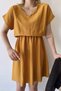 Women's Mustard Short Sleeve, Heart Collar, Textured Pattern, Waist Fitting, Aerobin Elastic Waist Midi Dress - 5