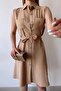 Women's Beige Sleeveless, Shirt Collar, Solid Color Pattern, Double Pocket, A-line Cut, Aerobin, Belted Midi Dress - 4