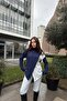 Women's Navy Asymmetric Cut, Two Pieces on the Front, Thin Knitwear Fabric, Loose Blouse Sweater - 5