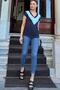 Women's Navy Blue V-Neck, Short Sleeve, Color Block Detail, Anti-Sweat Textured Fabric, Loose Blouse, Tshirt - 4