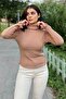 Women's Camel Ruffle Turtleneck Collar, Long Sleeve, Flexible Fabric Sitting on the Body, Plain Pattern, Knitwear Blouse