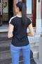 Women's Black Shoulder and Collar Detailed Color Block Garnished Short Sleeve T-Shirt Blouse - 5