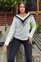 Women's Ecru Long Sleeve V-Neck Color Block Cotton Blouse Sweatshirt - 5