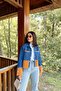 Women's Blue & Orange Denim Contrast Double Color Detail, Front Buttoned Cuffed, Jeans Jacket - 4
