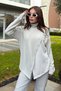 Women's Beige Asymmetric Cut, Two Pieces on the Front, Thin Knitwear Fabric, Loose Blouse Sweater
