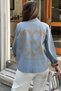Women's Blue Back Flower Embroidery Embroidered, Contrast Color Fold, Long Sleeve, Denim Jeans Jacket - 3