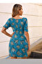 Women's Floral Patterned Square Neck Sleeve Elastic Knitted Mini Dress - 6
