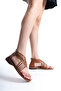 Women's Tan Genuine Leather Cross Patterned Vaketa Leather Back Zipper Bodrum Sandals - 2