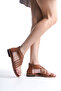 Women's Tan Genuine Leather Cross Patterned Vaketa Leather Back Zipper Bodrum Sandals - 3