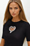 Women's Black Crew Neck Stone Embroidered K Ribbed Knit Blouse Prmx14177 - 2