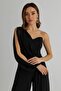 Women's Belt Detailed Chest Padding Draped Wide Leg Chiffon Lined Single Sleeve Black Jumpsuit 1336 - 6