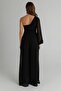 Women's Belt Detailed Chest Padding Draped Wide Leg Chiffon Lined Single Sleeve Black Jumpsuit 1336 - 4
