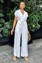 Women's White Linen/Airobin Fabric, Relaxed Fit, Pockets, Half Placket, Belted/Belted Jumpsuit - 2