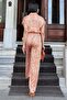 Women's Orange Patterned, Half Sleeve and Half Placket Shirt Collar, Elastic Waist, Loose Long Satin Jumpsuit - 5