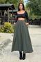 Khaki Elastic High Waist, A-Line, Flowy and Loose, Long Cupra Skirt - 2