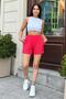 Women's Red Elastic Waist, Pockets, Double Leg, Short Linen Shorts - 5