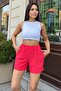 Women's Red Elastic Waist, Pockets, Double Leg, Short Linen Shorts