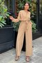 Women's Beige Straw Double Breasted Collar Detailed Belted Pocketed Airobin Jumpsuit Elastic Waist Jumpsuit - 5