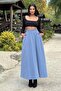Blue Elastic High Waist, A-Line, Flowy and Loose, Long Cupra Skirt - 4