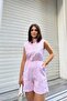 Lilac Sleeveless, Buttoned High Collar, Elastic Waist, Pocket, Short Striped Jumpsuit with Shorts Model - 3