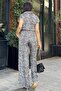 Women's Black Patterned, Half Sleeve and Half Patch Shirt Collar, Elastic Waist, Loose Long Satin Jumpsuit - 4