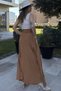 Women's Tan Elastic Waist, Straw Embroidered Pockets, Comfortable Fit, Long Kiloş Skirt - 3