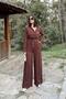 Women's Brown Long Sleeve, Round Neck, Elastic Waist and Belt, Double Pocket, Loose Jumpsuit - 4