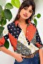 Women's Orange Patchwork Patterned Classic Collar Long Sleeve Standard Size Shirt