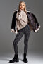 Women's Ribbed Slim Leg Slim Zebra Patterned High Waist Gathering Black Anthracite Leggings Trousers - 9