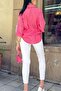 Women's Fuchsia Three Quarter Sleeve, Oval Cut, Anti-Sweat, Flared Linen Casual Shirt - 5